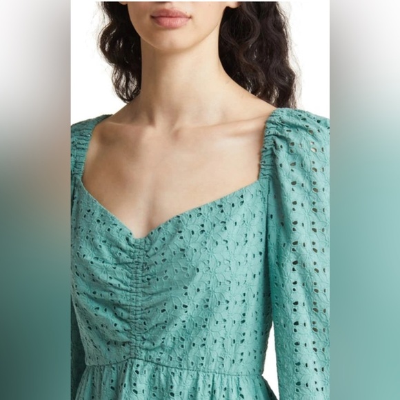 Chelsea 28 CINCHED FRONT EYELET LONG SLEEVE A-LINE DRESS IN GREEN SEAGLASS small - Picture 6 of 14